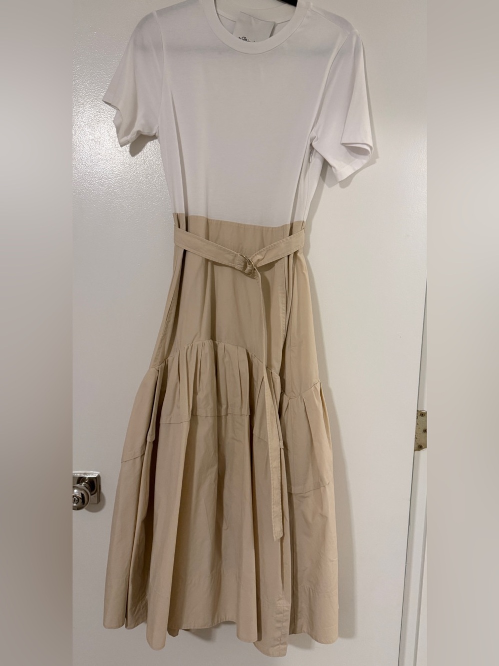 3.1 Phillip Lim White and Beige Tiered Midi Dress with Belt